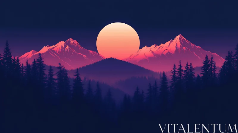 Neon sunset over pine forest and glowing mountain peaks.