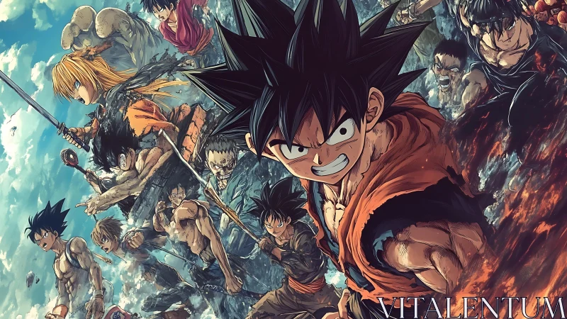 Anime warriors surge forward in a fiery, chaotic battle scene.