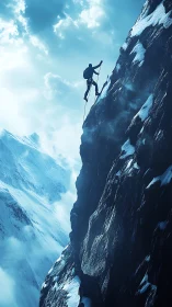 Solitary climber on steep icy cliff in high alpine setting.
