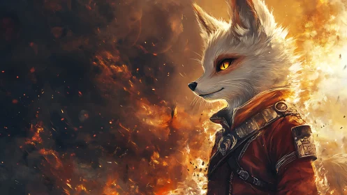 Armored fox warrior standing in fiery, ember filled blaze.