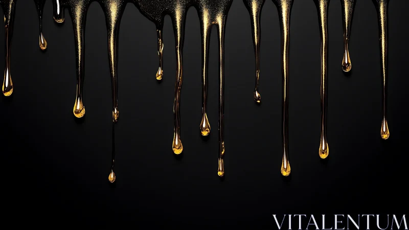 Golden liquid drips on black background, modern abstract art.