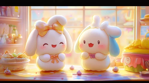 Cute bunny plush characters in pastel dessert kitchen.