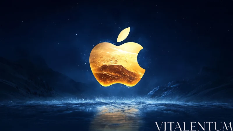 Golden apple logo glowing over a dreamy starry seascape.