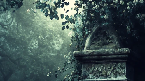 Ancient stone monument hides beneath misty forest canopy.