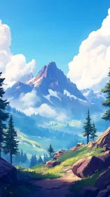 Sunlit alpine trail leads toward a majestic mountain peak.