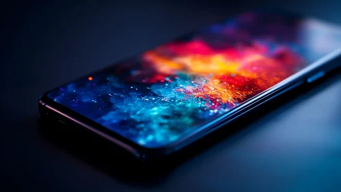 Photorealistic neon smartphone display with cosmic gradient surface.