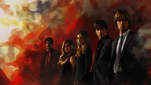 Shadowed team in crimson storm clouds of quiet tension.