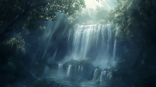 Celestial Waterfall Through Verdant Forest Canopy.
