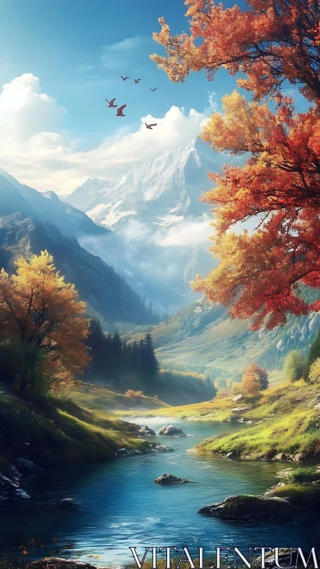 Golden autumn valley where river, peaks and birds meet.