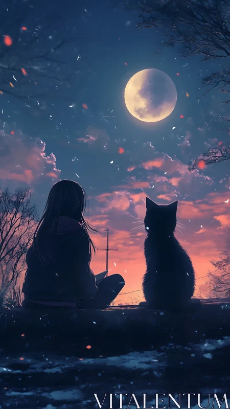 Girl and black cat share a quiet moonlit winter sky.