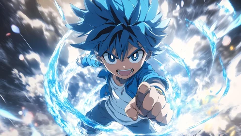 Blue haired anime hero unleashing dynamic water energy.