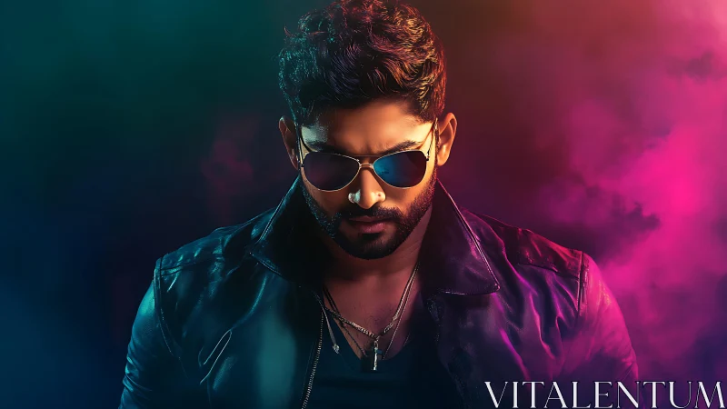 Man in leather jacket with neon colored smoke background.