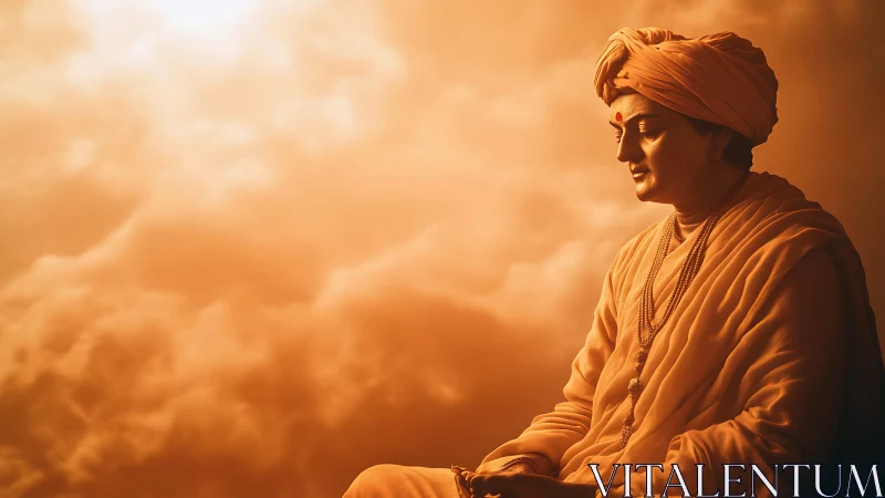 Monochromatic digital portrait of meditative sage in clouds