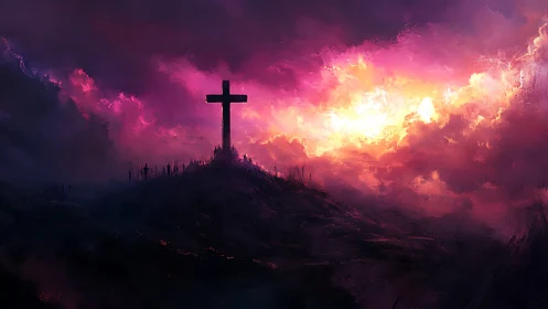 Solitary hilltop cross stands before dense magenta cloud mass