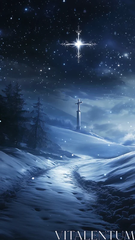 Starlit winter path gently leads toward a distant cross
