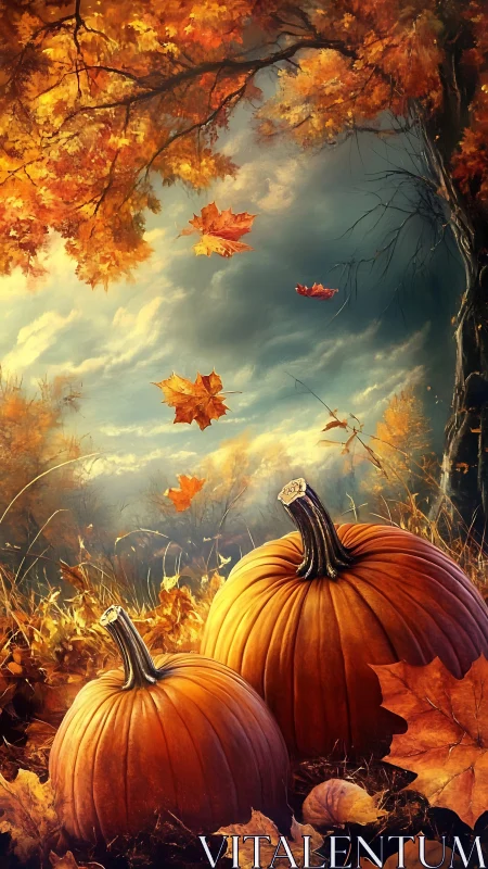 Autumn field with pumpkins and falling maple leaves.