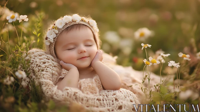 Sleeping Infant Cradled in Delicate Floral Field Setting