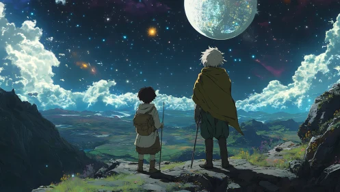 Two travelers study a luminous moon over vast fantasy valley