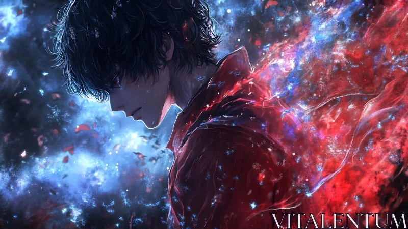 Starglow youth in profile wrapped in dissolving red nebula.