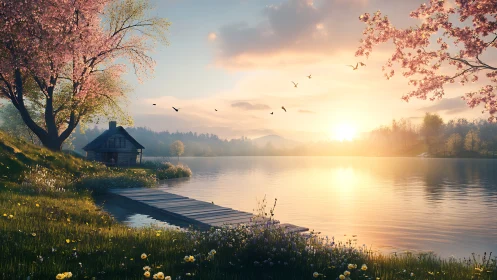 Sunrise cottage dreams by a blossom-kissed lakeshore.
