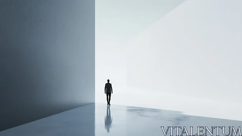 Solitary figure navigates minimal architectural passage toward light.