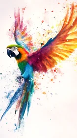 Vivid macaw in dynamic watercolor splatter with high chroma range
