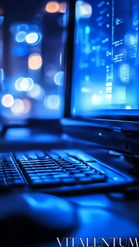 Cyberpunk workstation in neon blue bokeh illumination.