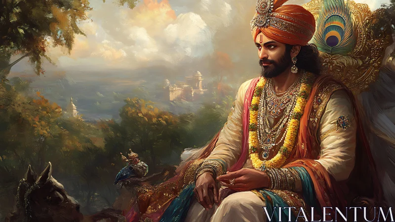 Regal Maharaja Portrait On Throne In Lush Sunset Landscape.
