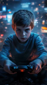 Intense young gamer holding glowing controller at night.