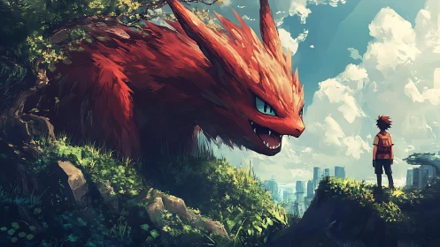 Young explorer meets a gentle fiery beast above the city.