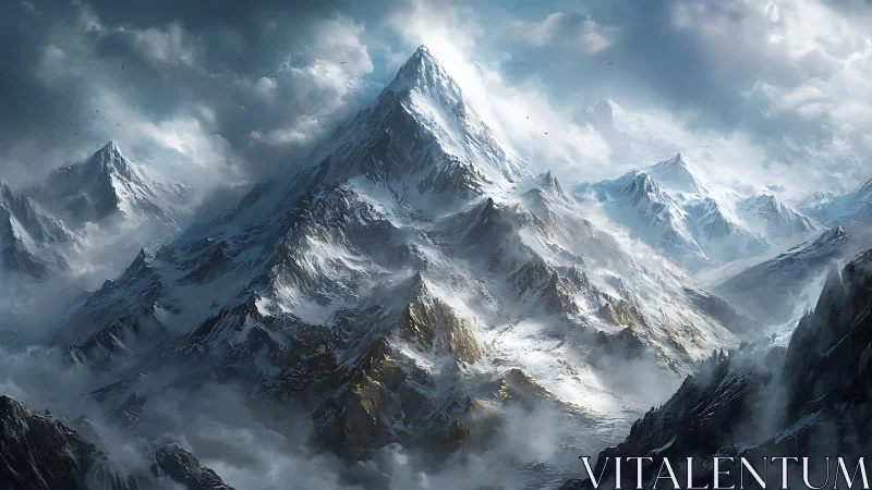Snow-covered mountain range rises through dense swirling clouds