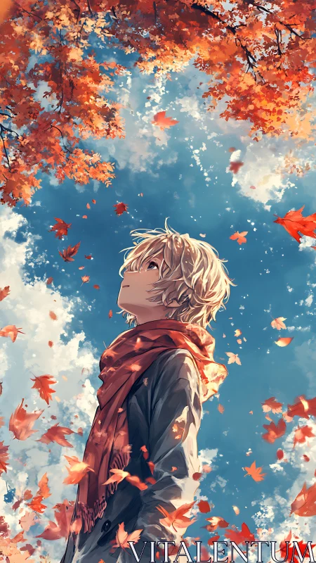 Autumn skyward gaze with drifting maple leaves in motion.