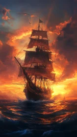 Tall ship blazing through sunset-lit stormy ocean waters.