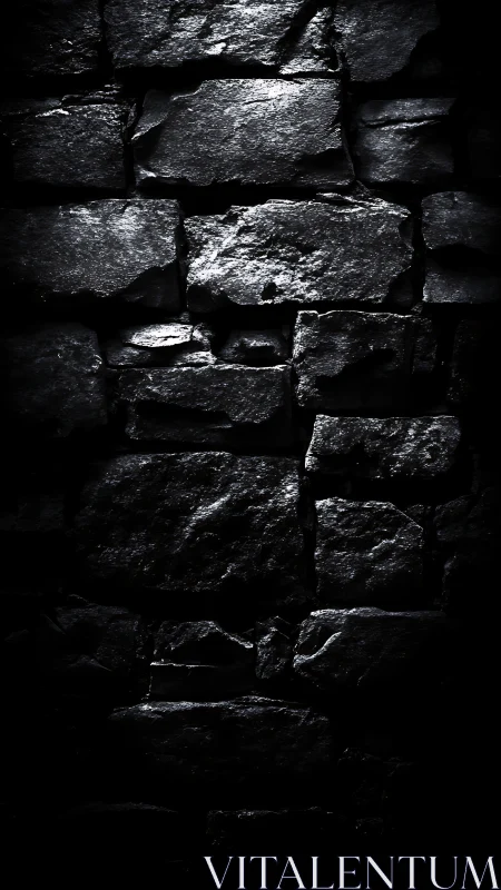Moody low key photograph of wet textured stone wall surface.