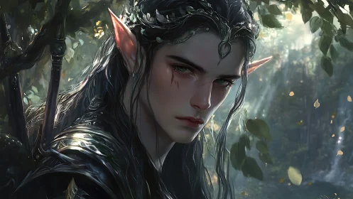 Melancholic elf warrior in dappled forest light portrait.