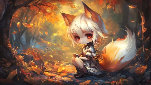 Fox-eared dreamling guards the golden hush of autumn woods