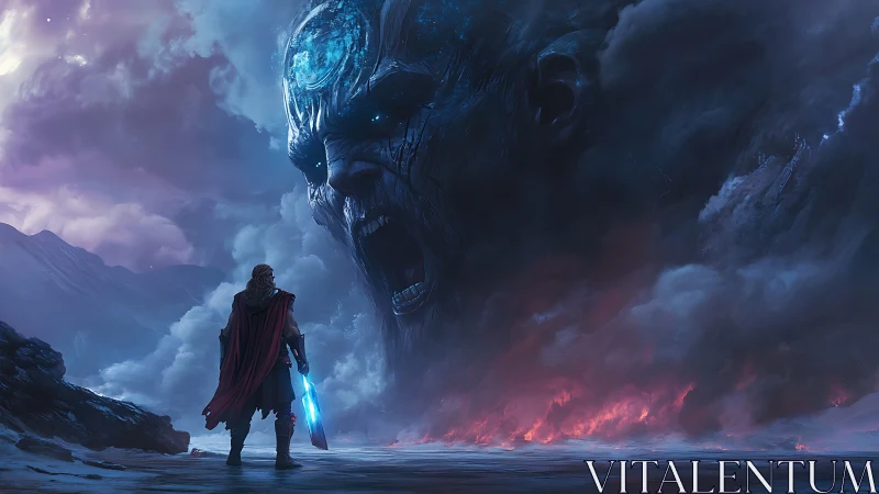 Warrior confronts colossal spectral titan in stormfire sky