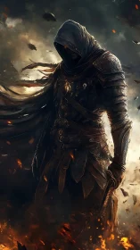 Dark hooded warrior in molten embers, dramatic digital painting.
