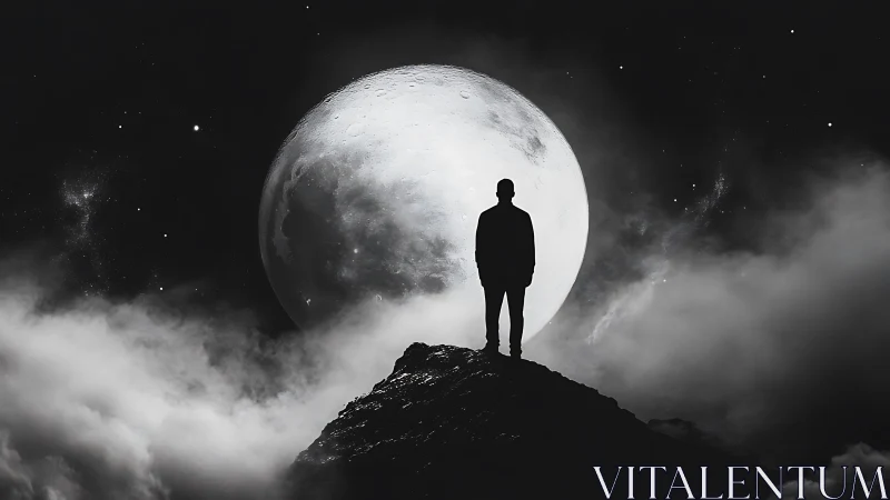 Lone dreamer crowns a moonlit peak above restless clouds.