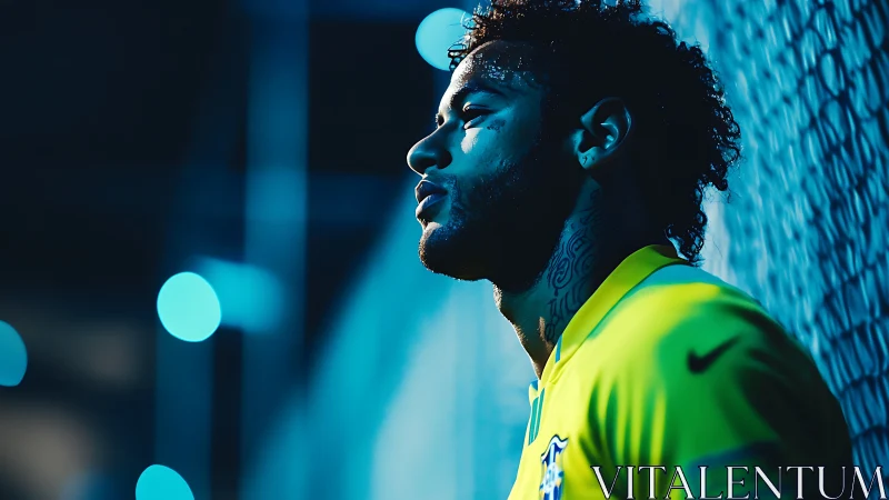 Side-lit footballer in neon teal bokeh under shallow depth of field