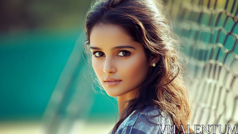 Shallow-depth portrait isolates subject against blurred chain-link fence