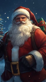 Santa Claus portrait with gift sack in snowy night scene