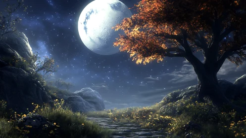 Enchanted moonlit path beneath glowing autumn tree at night.