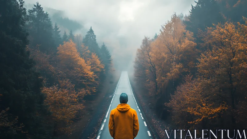 Solitary wanderer on a fog-drenched autumn highway.
