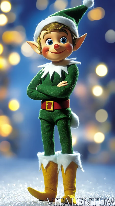 Smiling Christmas elf character in green costume stands.