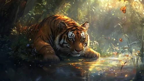 Sun-drenched tiger dreaming beside a glittering forest pool.
