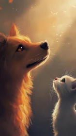 A Golden Dog and White Cat Share a Moment Together.