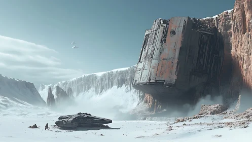 Colossal crashed starship lodged in frozen canyon wall.