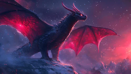 Midnight ember dragon watching over frosted mountainscape.