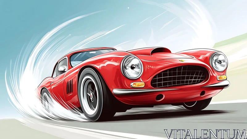 Digital painting of red classic sports car in dynamic perspective.